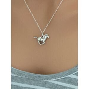 Sterling Silver Oxidized Galloping Horse Necklace,  Horse Charm Necklace